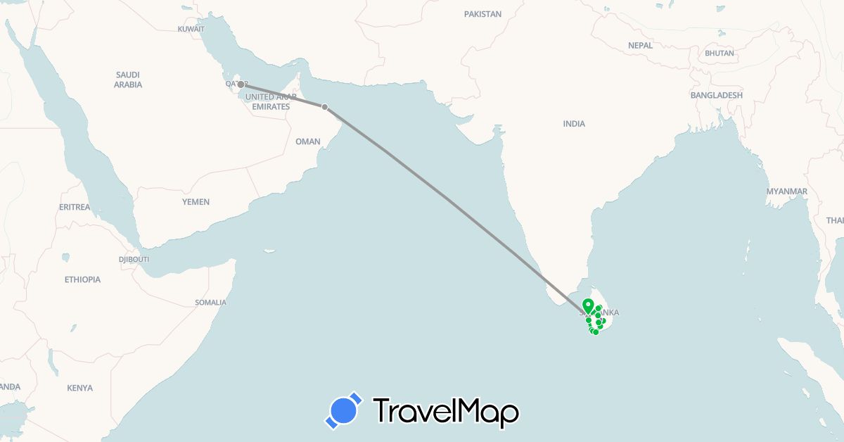 TravelMap itinerary: driving, bus, plane, train in Sri Lanka, Oman, Qatar (Asia)